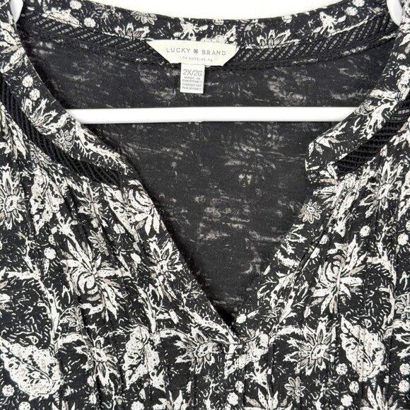 Lucky Brand Floral Split Neck Peasant Boho Blouse Top Womens 2X Black Beige - Picture 2 of 7